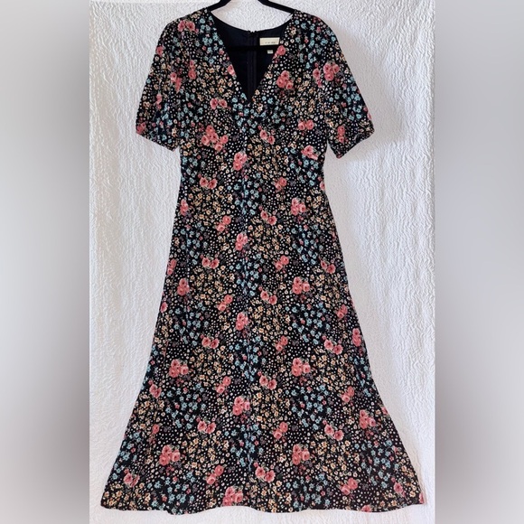 Anthropologie Dresses & Skirts - Anthropologie Black Floral Midi Dress with Pink & Blue Flowers